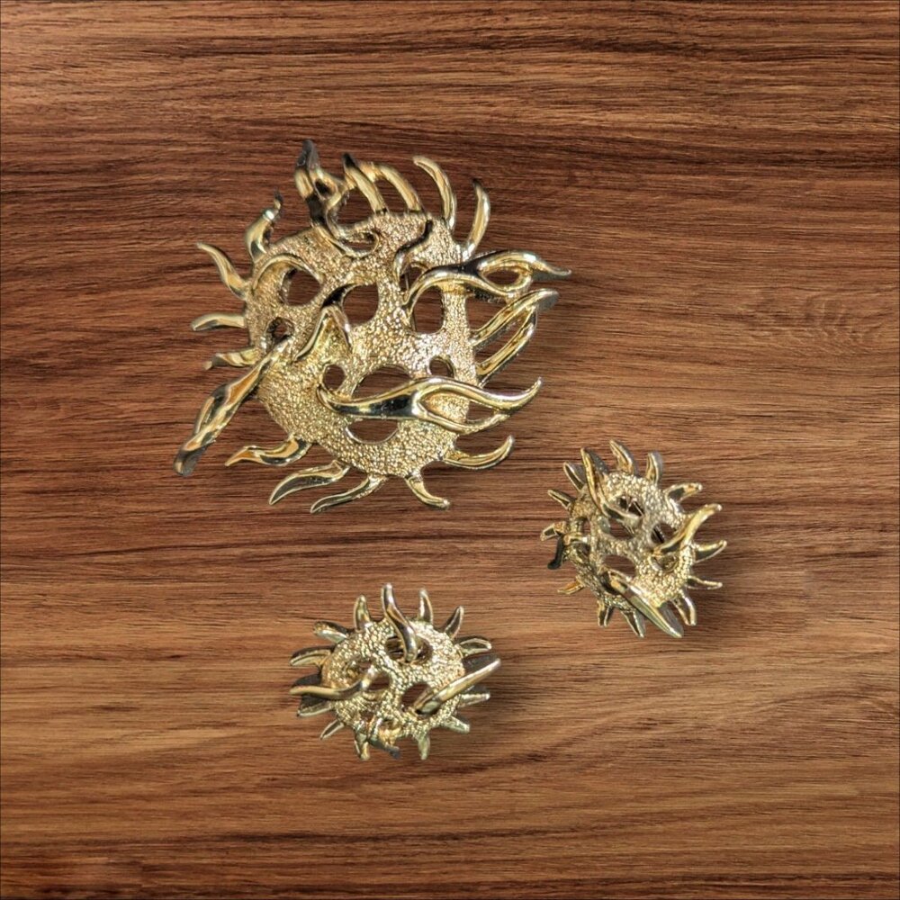 Vintage Sarah Coventry Gold-Tone Sea Urchin Brooch & Clip-On Earrings Set
